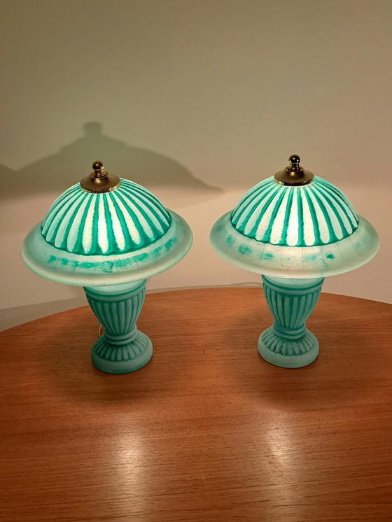 Image 1 of 🔵🟡 2 Vintage Glass & Brass Table Lamps – Turquoise – Excellent Condition