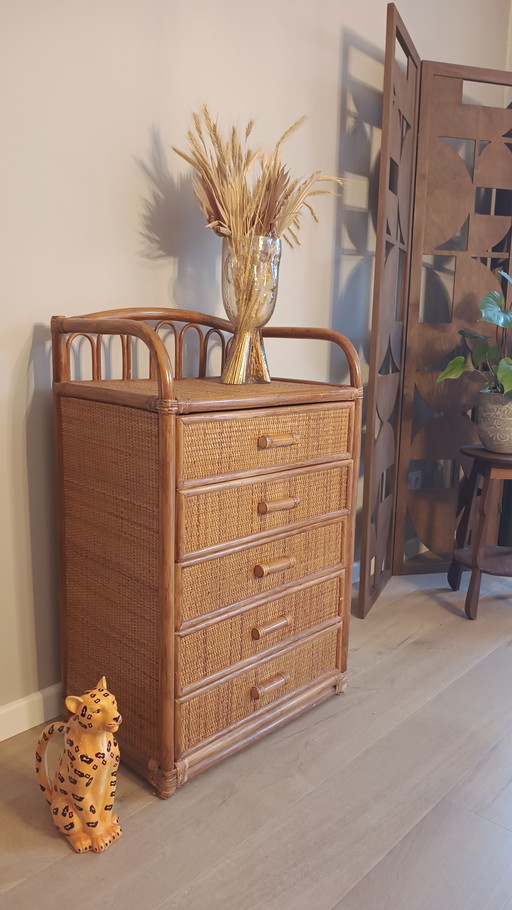 Bohemian vintage rattan wicker bamboo chest of drawers