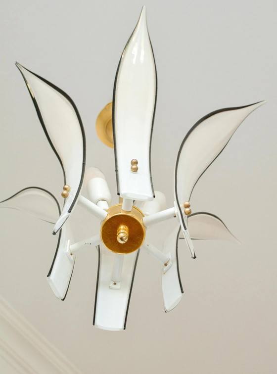 Echte Vistosi Palms Murano Glazen Kroonluchter, Jaren 70 Italiaans Messing, 6 Bladeren, 4 Lichten – Metal (photo 9 of 10)
