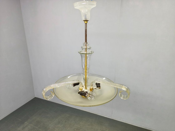 Image 1 of Art Deco kroonluchter van glas en messing, Tsjechoslowakije, jaren 1940