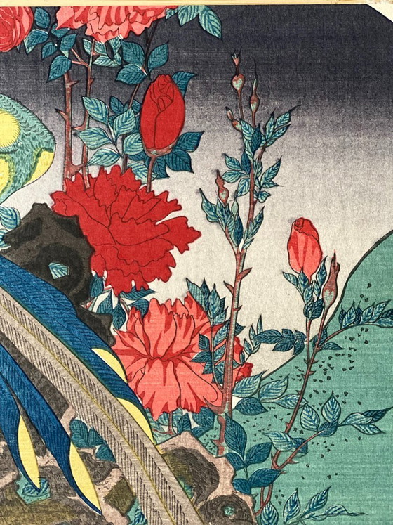 Image 1 of Estampe japonaise authentique sur bois - Oiseaux et fleurs - Éventail - Regravée dans les années 1920