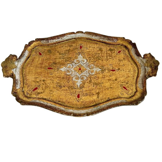 Image 1 of Vintage Florentine Tray gold mint green 1970s