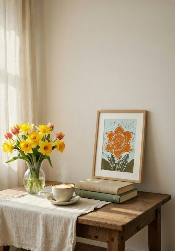 Image 1 of Impresión linográfica de narcisos | Arte mural de flores de primavera | Impresión botánica naranja | A4 hecho a mano