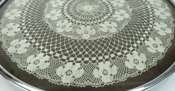 Image 1 of large rotating TRAY with fine crochet doily under glass wood and chrome 1930s