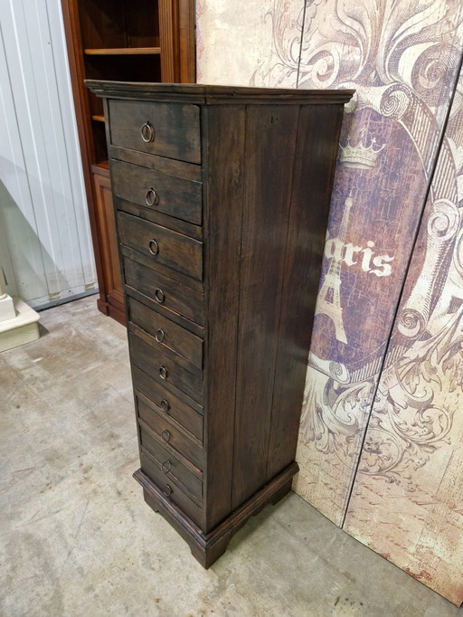 Old teak chest of drawers, apothecary cupboard, filing cabinet dim. 40x45cm and 136cm high.
