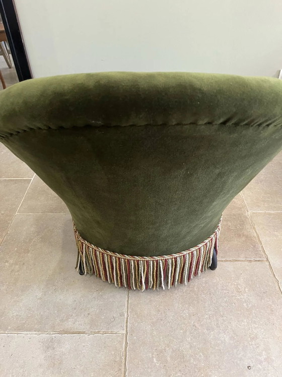 Chaise longue vintage in velluto verde scuro con frange multicolori. – Wood, Velvet, Art Nouveau (photo 10 of 18)