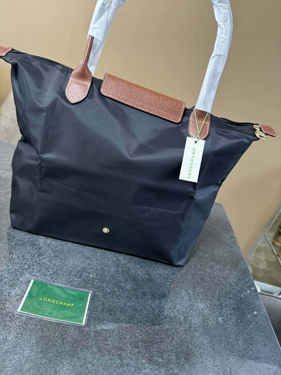 Image 1 of Bolso tote grande Longchamp Le Pliage, negro, marrón, nailon, piel, cierre de cremallera superior, plegable.