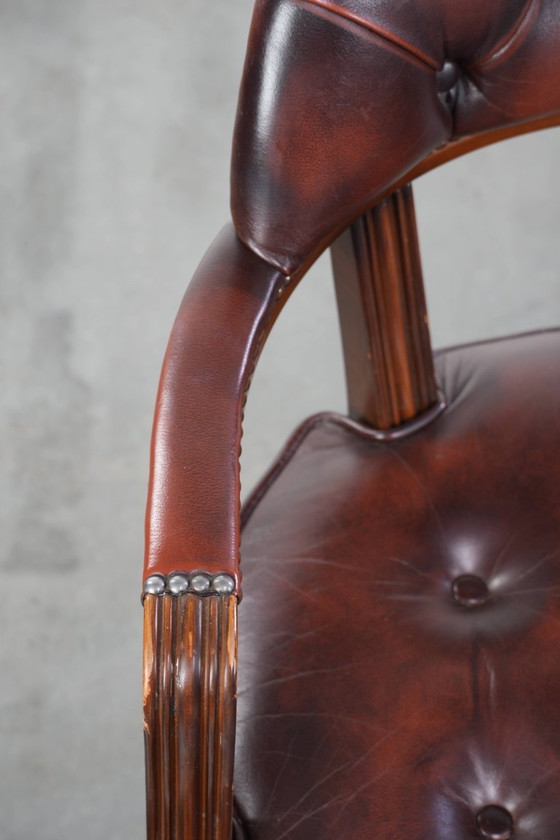 Image 1 of 2 x Donkerbruine rundleren chesterfield eetkamer/ bijzet/ bureaustoel in Engelse stijl