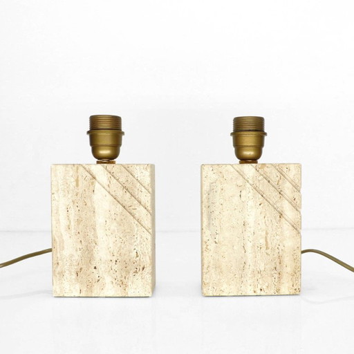 Pair of solid travertine table lamps with incised decoration, French production, circa 1970–1980