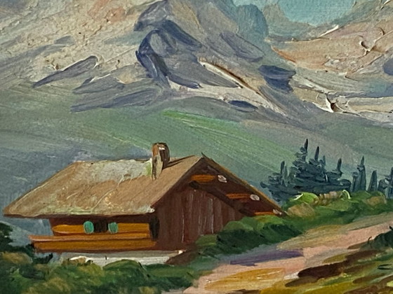 Image 1 of Dipinto ad olio d'epoca su pannello firmato CLAUDE SARGUE Paesaggio montano