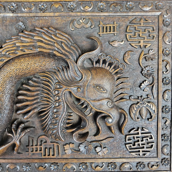 Image 1 of Antique 19th Century Chinese Writing Desk Mythological Dragon Wood Carving / Bohemian / Asian / Oriental (Huanghuali Wood)