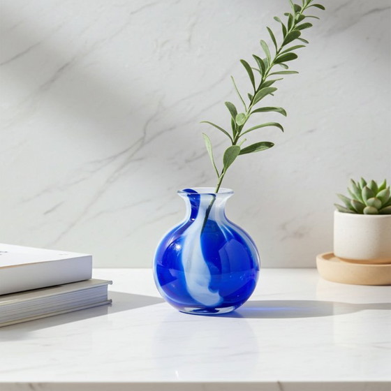 Image 1 of Fidrio Glass Bolvase with Neck in the Delft Blue color