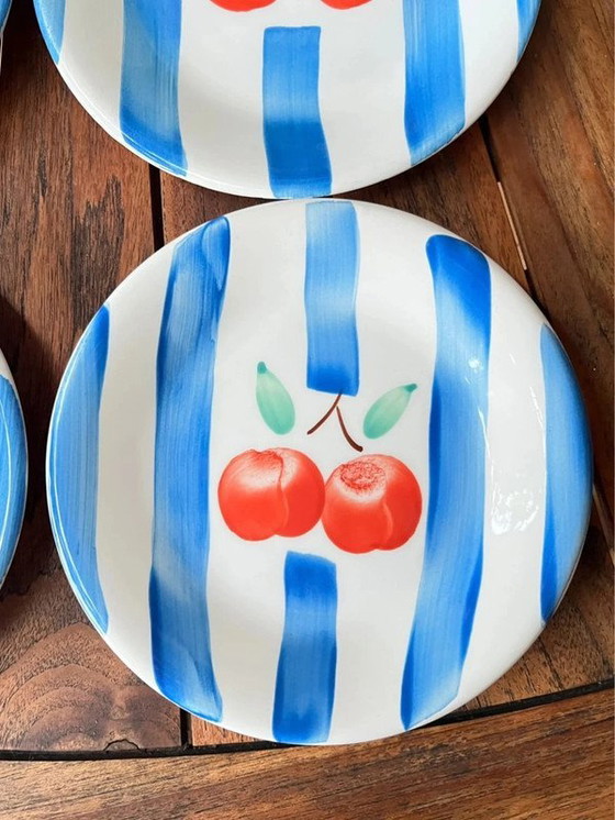 Image 1 of Set of 6 TRECI Italy dessert plates - Hand-painted porcelain vintage cherries