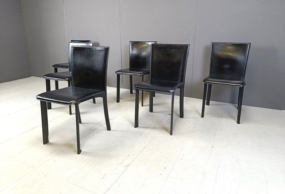 Image 1 of Chaises de salle à manger vintage en cuir noir par Cidue, ensemble de 6 - 1980S