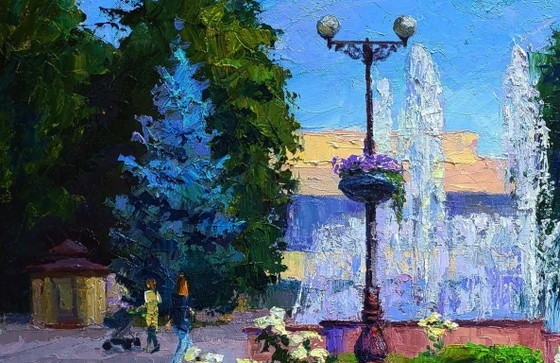 Image 1 of Origineel olieverfschilderij Stadsgezicht Zomer Stadsplein met fonteinen