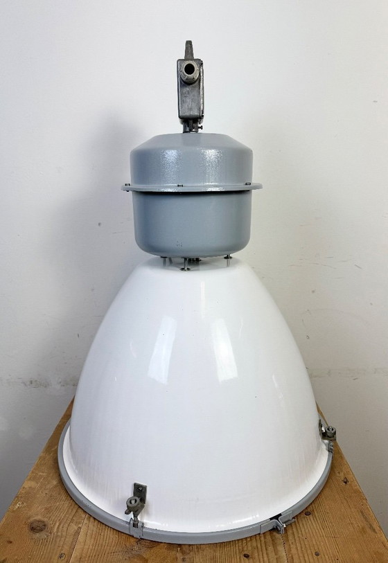 Image 1 of Große weiße Emaille-Industrielampe mit Klarglasabdeckung von Elektrosvit