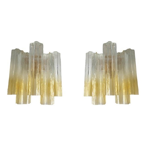 Par de apliques de pared "Tronchi" de cristal de Murano en ámbar transparente desvanecido, estilo Venini