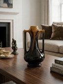 Vase Art Déco en grès émaillé brun noir flammé – anses ajourées – travail français – années 1930 – 28 cm