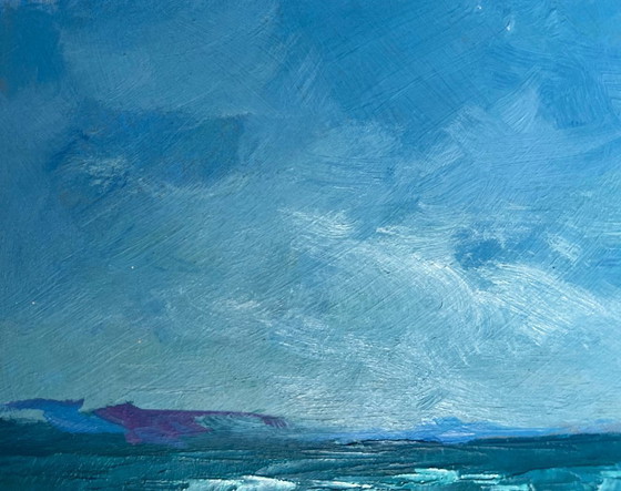 Image 1 of Peinture à l'huile originale représentant un paysage de plage côtière. Un voilier solitaire en mer.