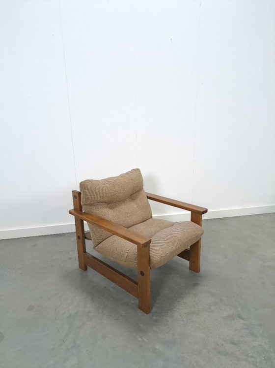 Image 1 of Bruin grijze fauteuil met eikenhouten frame