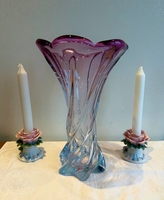 Image 1 of Vase Kunstglas vintage Blau Lila gedrehte Glasvase 27 cm