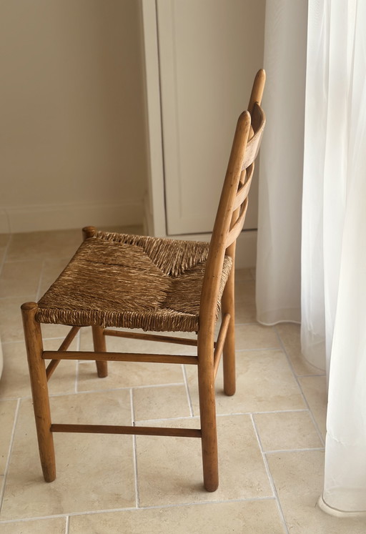 Sedia in legno con seduta in paglia, stile Mid-Century degli anni '60.