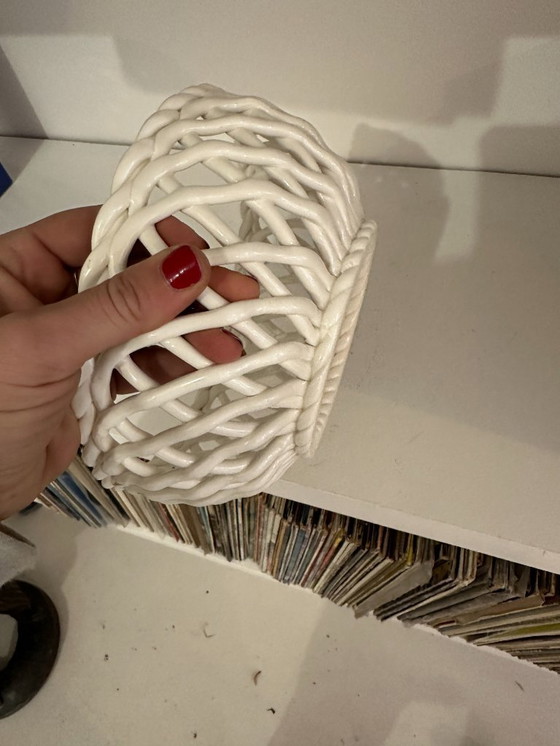 Image 1 of Vintage openwork white ceramic basket - Woven style - 60s/70s