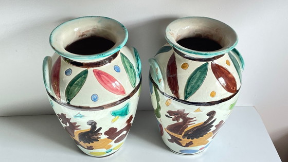 Image 1 of Italian Majolica Vases with Dragon Motif