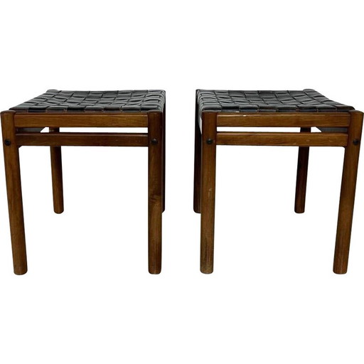 Paar Vintage-Hocker aus Holz und braunem Leder
