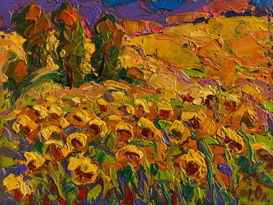 Image 1 of Original Oil Painting Summer Flowers Landscape Field of sunflowers