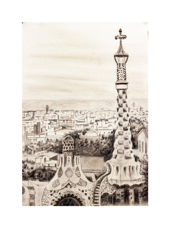 Image 1 of Drawing of Barcelona as seen from Park Güell. Park Güell drawing. Charcoal drawing of Barcelona. Painting of Barcelona. New.