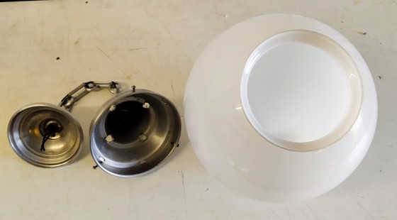 Image 1 of XXL opal glass globe industrial pendant light - 1940s/50s