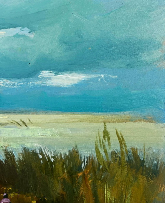 Image 1 of Peinture à l'huile originale représentant un paysage côtier au coucher du soleil