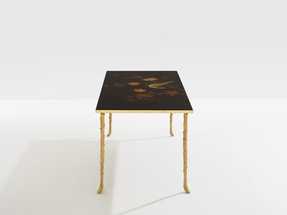 Image 1 of Maison Baguès bamboo brass chinese lacquered small coffee table 1950s