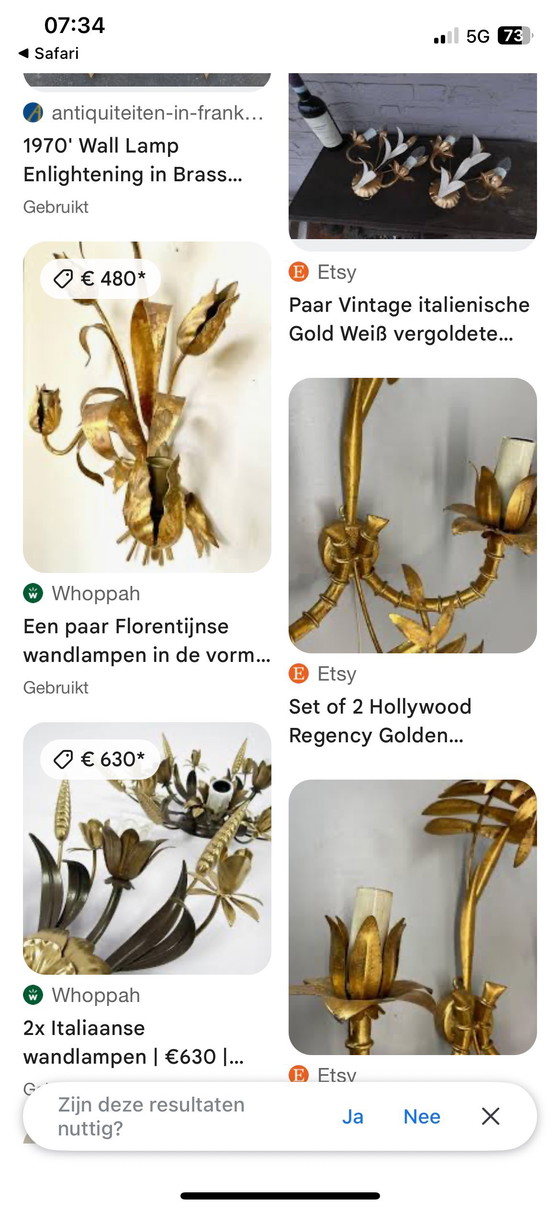 Image 1 of wandleuchte mit blumenmotiv Masca Italië verguld jaren 60