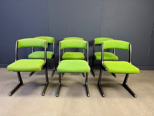 Juego de 6 sillas Canguro de Emile Baumann, década de 1960. – eetkamerstoelen, Textile, Wood