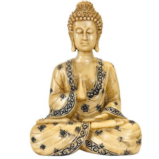 Dekorativer sitzender Buddha aus Harz mit Abhaya Mudra – Creme und Schwarz