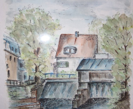 Image 1 of Watercolor village picture art on paper