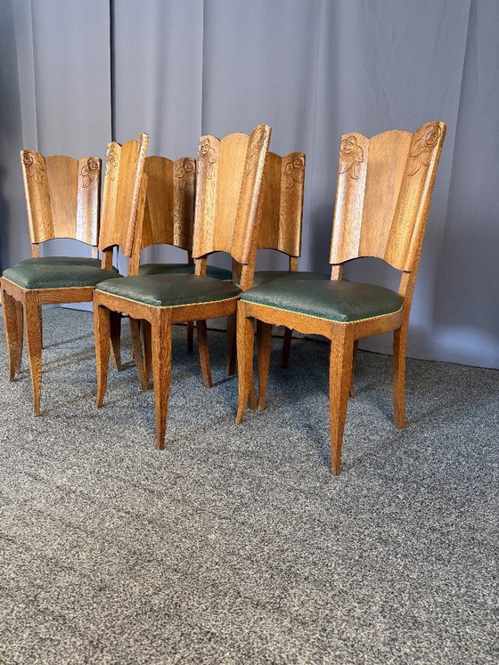 6 Art Deco stoelen - eikenhout - gerestaureerd - groen leer – Eetkamerstoelen, Wood (photo 3 of 5)