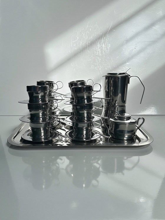 Image 1 of Set da caffè espresso in acciaio inox, tazza, vassoio, caffettiera, metallo, Italia, caffè, 12 persone
