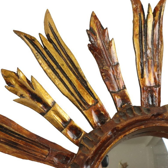Image 1 of Vintage Wooden Sun Mirror Sunburst Gold Fifties 52cm