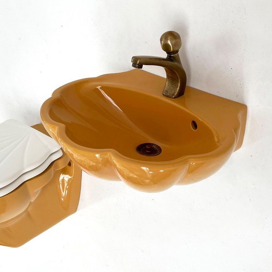 Image 1 of Ensemble de salle de bain vintage en forme de coquillage moutarde, années 1970