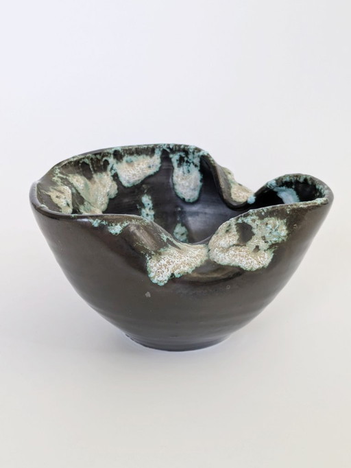 Vintage Vallauris Style Bowl, Midcentury Fat Lava Pottery, Anthracite and Seafoam Green