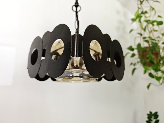 Image 1 of Lampe pendante vintage par Sijaj Hrastnik / Lampe suspendue Mid Century Modern / Lustre rétro géométrique en verre et marron, 19