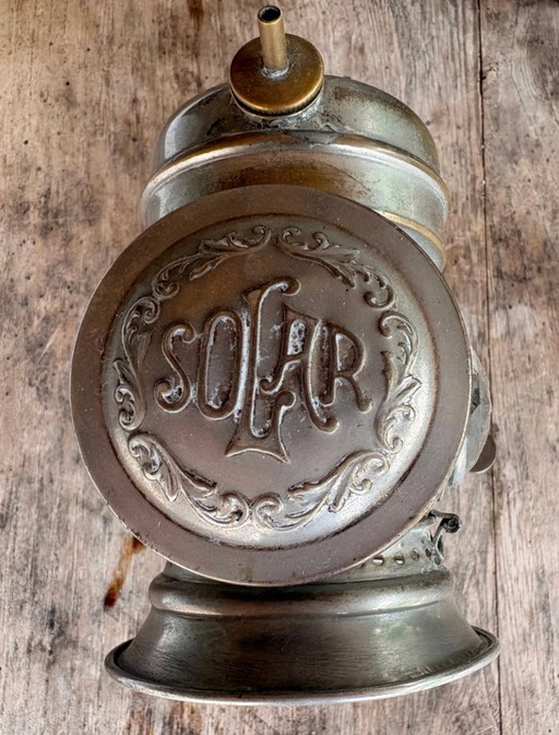 Antiguo Farol Carburo Americano C.M. Hall Lamp Co. "Solar Model S" (1917-1922)- Niquelado y Soporte Original