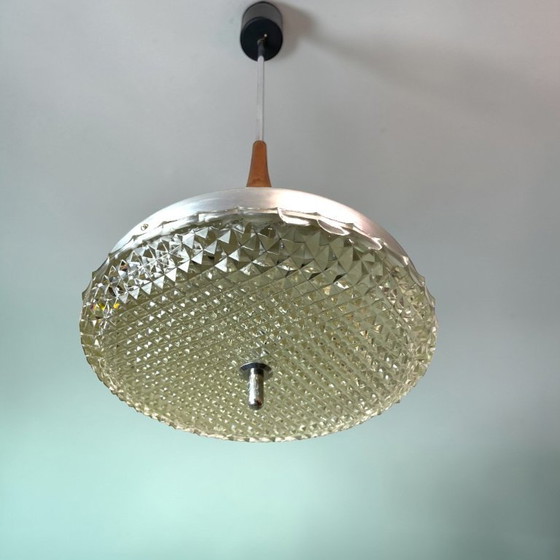 Image 1 of Scandinavian Mid Century Modern Chromed Aluminium Hanging Light with Wooden Accent, 1970s