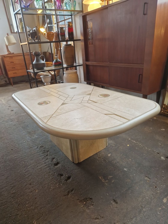 Brutalist Paul Kingma-inspired Coffee Table 1970s, Stone, Brass, Beige (photo 4 of 6)