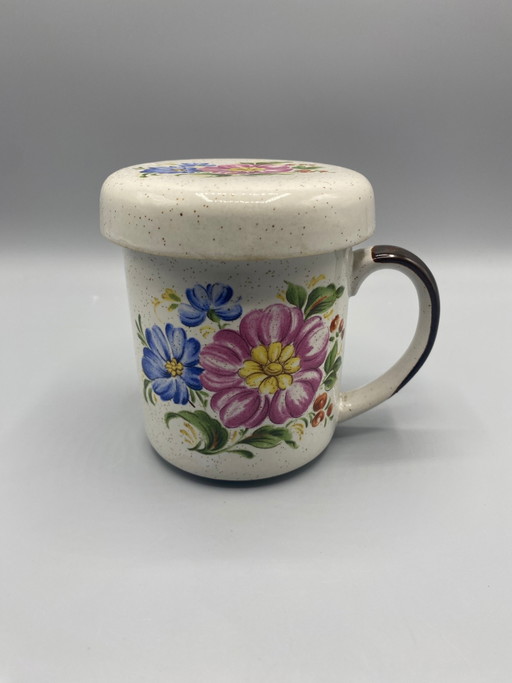 Tasse à thé en céramique avec filtre et couvercle - Motif floral peint à la main – servies, Metal, Ceramic
