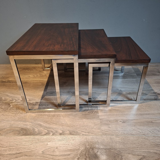 Image 1 of Tables gigognes style Mid-Century Chrome et Palissandre. Ensemble de 3.