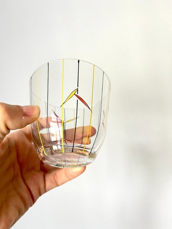 Image 1 of Set vintage di 6 bicchieri dipinti a mano di metà secolo - Articoli da bar anni '50 con design giallo e nero